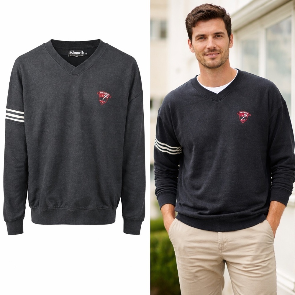 Ashworth | Black V-Neck Sweatshirt | 100% Cotton | Embroidered Logo | Size M